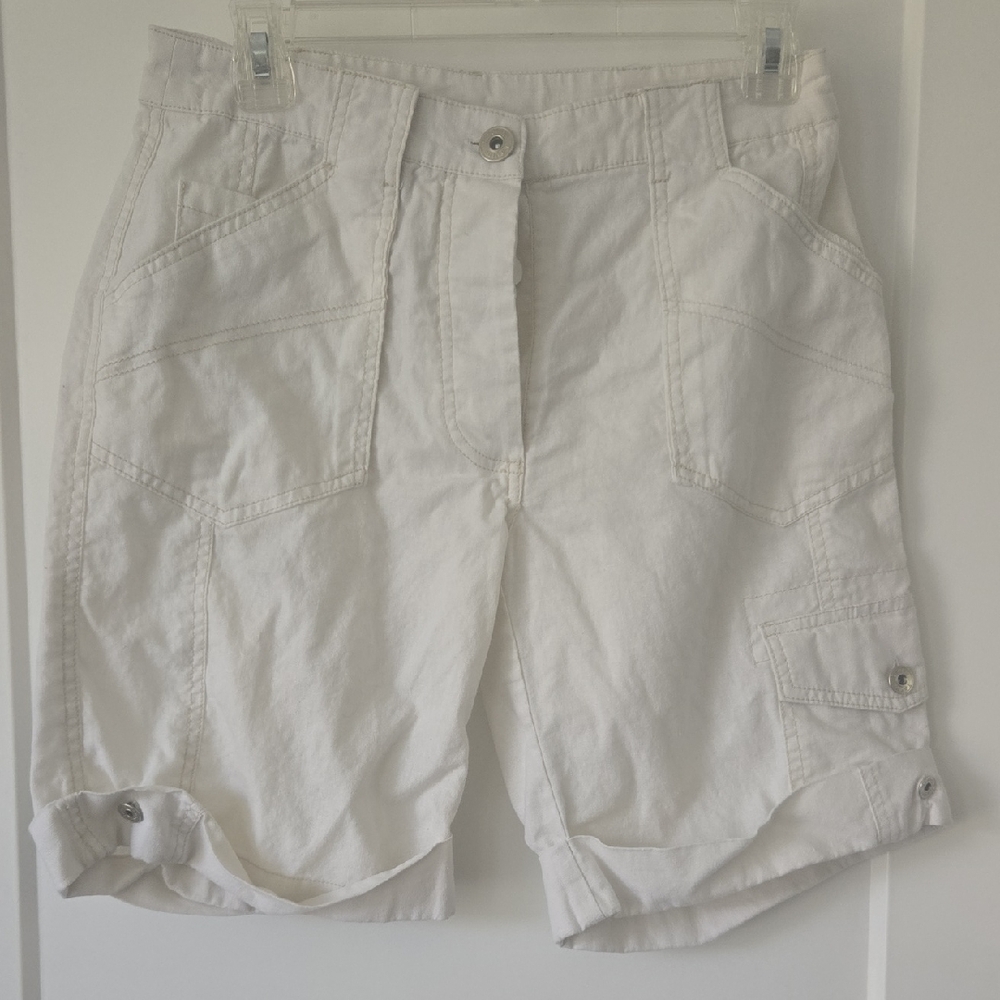 White Elastic Waist Cargo Shorts